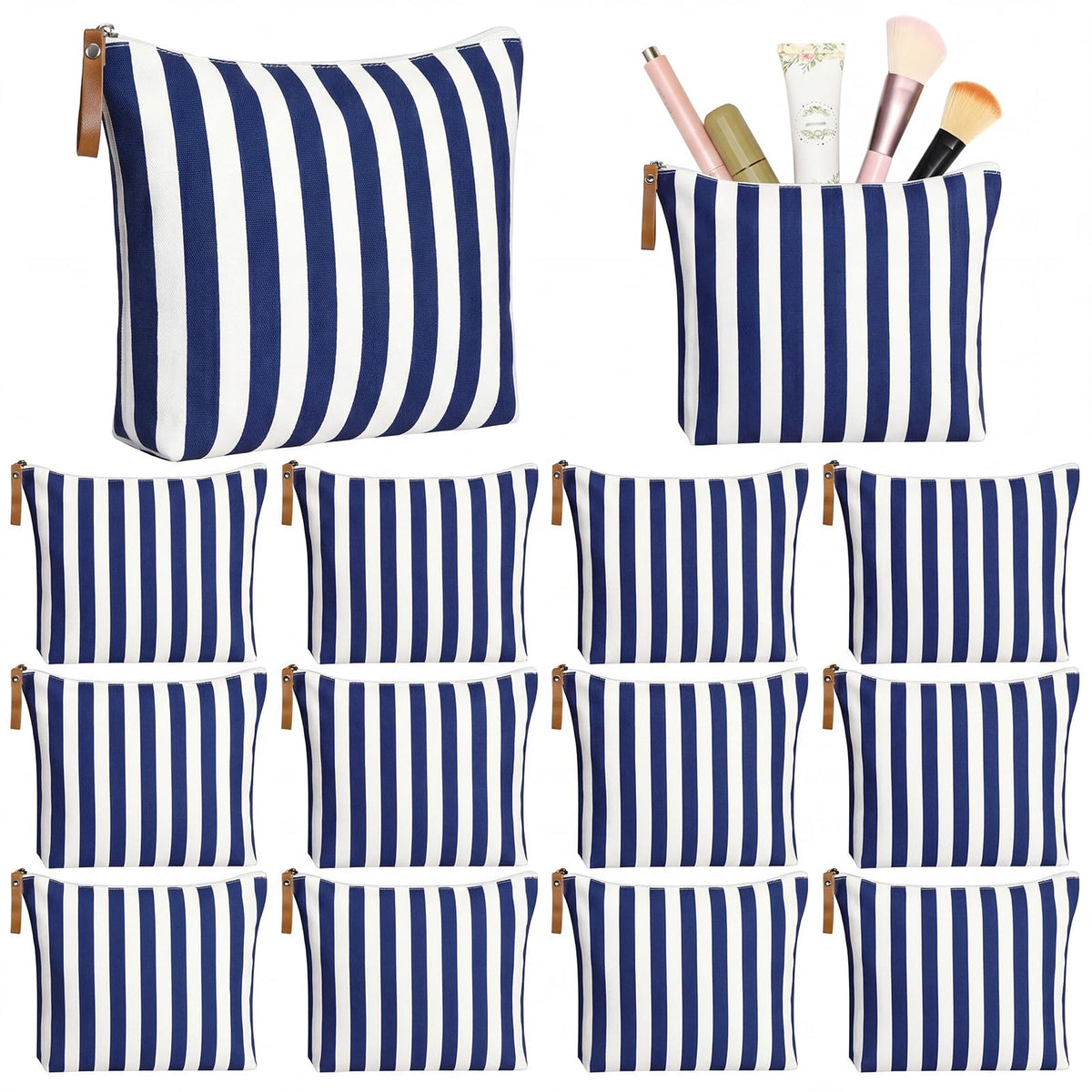 Hillban 12 Pcs Blue Striped Makeup Bags Bulk