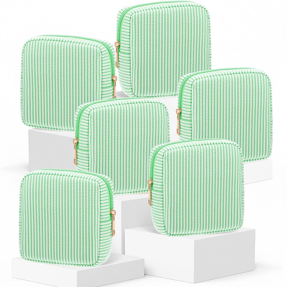 Sanwuta 6 Pack Seersucker Makeup Bags for Women Striped,Large,Macaron Color