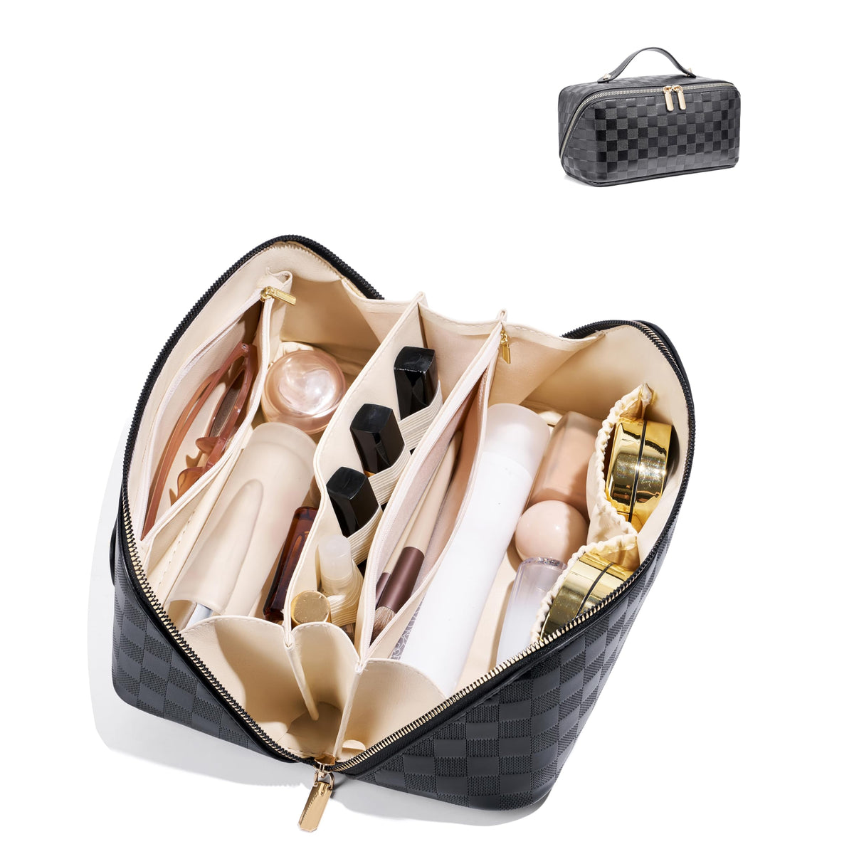 ALEXTINA Travel Makeup Bag, Woven PU Leather Cosmetic Bag, Khaki