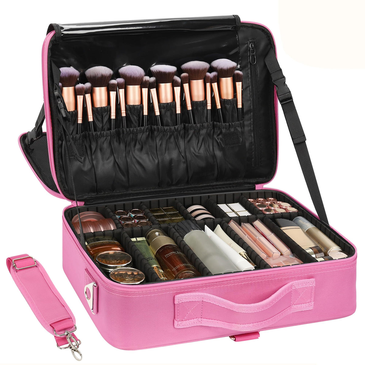 Relavel Makeup Bag Travel Makeup Train Case Large Cosmetic Case Professional Portable Makeup Brush Holder Organizer and Storage with Adjustable Dividers and Shoulder Strap Black