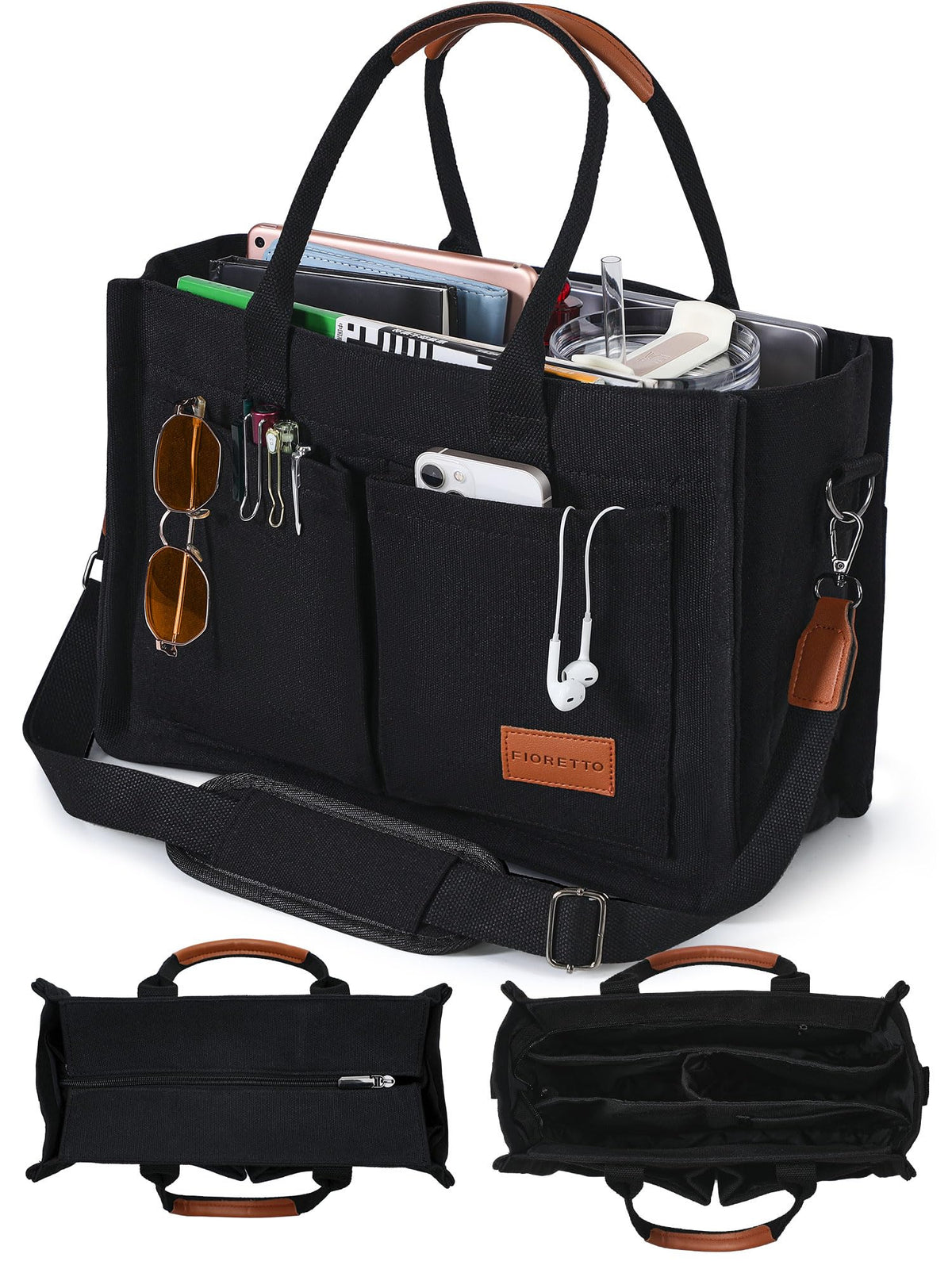 FIORETTO Canvas Tote Bag for Women with Zipper Closure & Individual Compartments for Work College for Teacher & Nurse