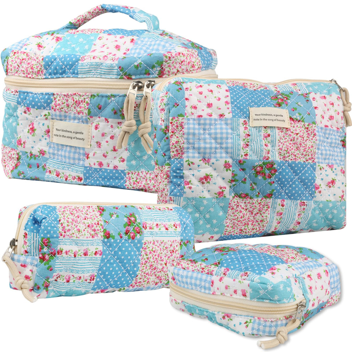 NATINSA Cute Makeup Bag for Women(2 Pcs), Travel Cosmetic Bags, Quilted Coquette Aesthetic Floral Toiletry Organizer Bag (46 - Sky Blue/4Pcs)