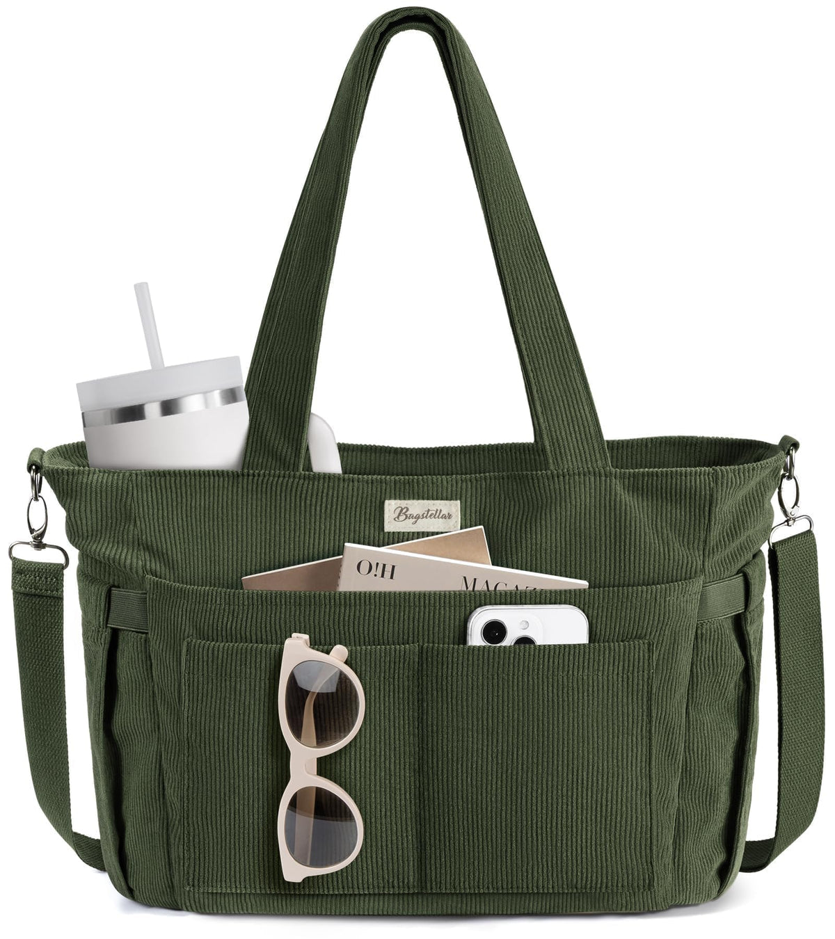 Bagstellar Corduroy Tote Bag for Women, 17 Pockets Laptop Work Tote Purse