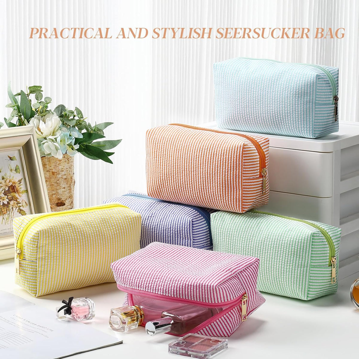 Sanwuta 6 Pcs Seersucker Cosmetic Bags Bulk, Striped Zippered,Rainbow