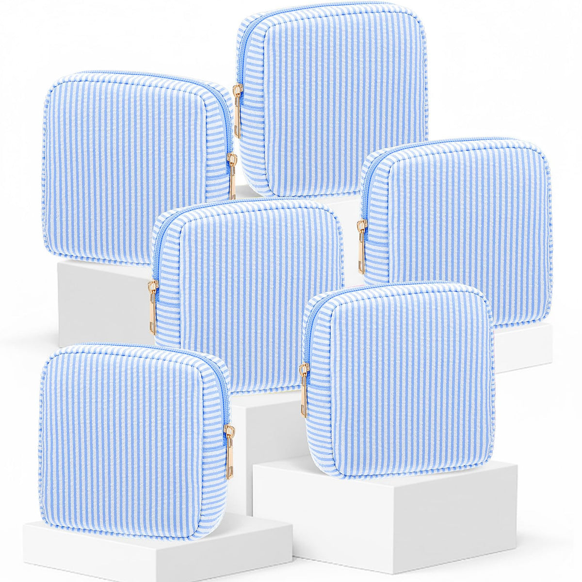 Sanwuta 6 Pack Seersucker Makeup Bags for Women Striped,Large,Macaron Color