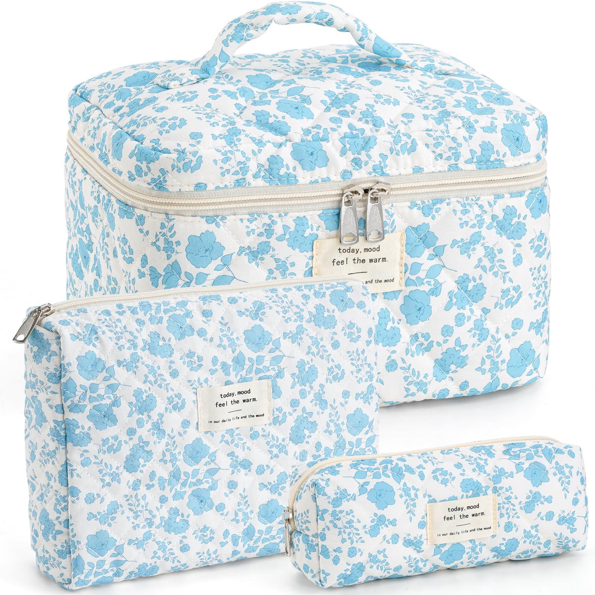 Makeup Bag for Women 3PCS Quilted Cotton Make Up Bag Travel Cosmetic Bag Large Makeup Bag Set Cute Makeups Organizer Floral Toiletry Pouch for Purse, Pink Floral D