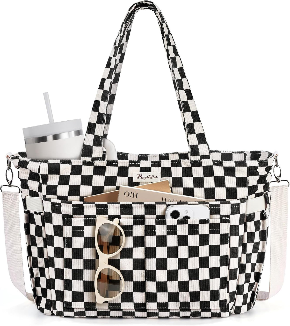 Bagstellar Corduroy Tote Bag for Women, 17 Pockets Laptop Work Tote Purse