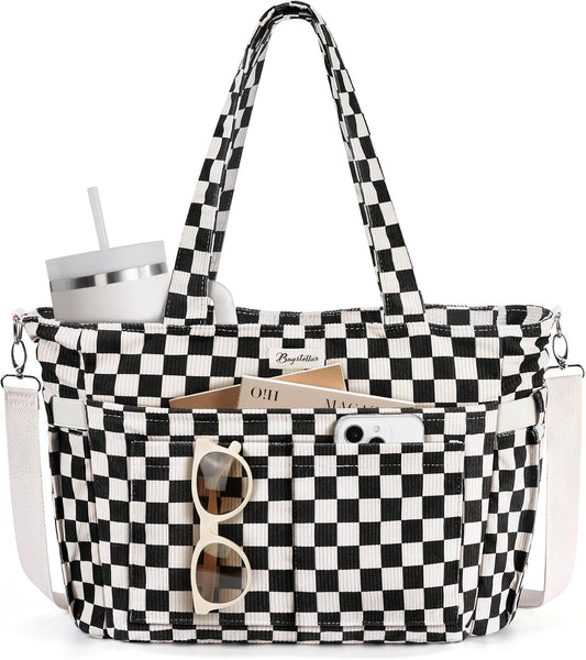 Bagstellar Corduroy Tote Bag for Women, 17 Pockets Laptop Work Tote Purse