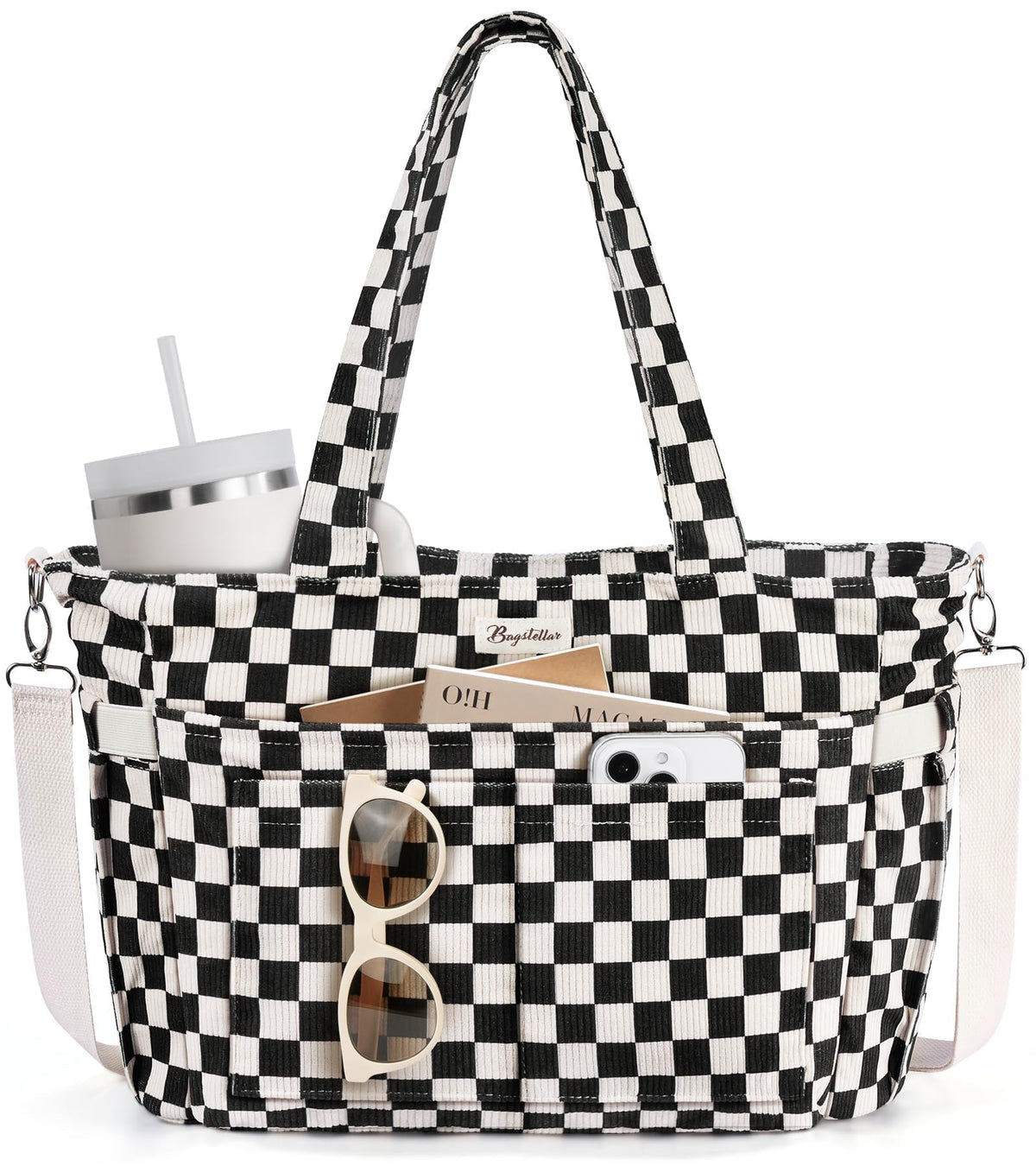 Bagstellar Corduroy Tote Bag for Women, 17 Pockets Laptop Work Tote Purse