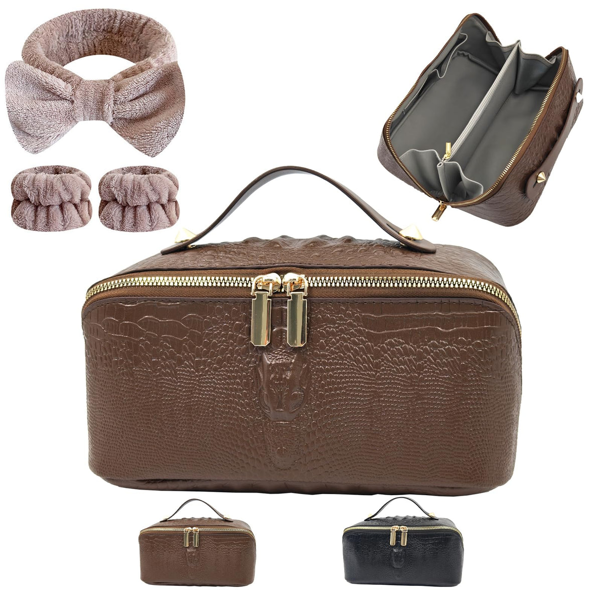 PU Leather Makeup Bag for Women, Structured Makeup Case with Wide Opening, Travel Cosmetic Bag with Compartments and Handle, Water-Resistant Makeup Organizer(Khaki, Lychee Grain)