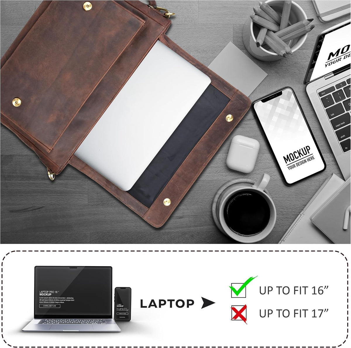 Leather Laptop Messenger Bag for Men and Women - Briefcase Crossbody Office