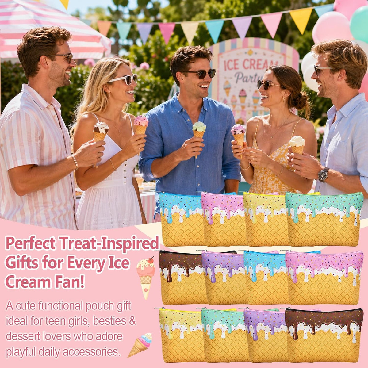 12 Pcs Ice Cream Drip Cosmetic Bags for Women, Ice Cream Drip Makeup Bags for Themed Party Favors, Toiletry Zipper Pouch for Birthday Party Favors Summer Lovers Gifts