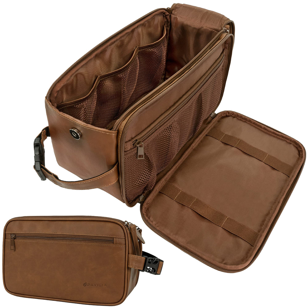 PAVILIA Toiletry Bag for Men, Travel Essentials Shaving Dopp Kit, Mens Travel Bag Toiletries Organizer Case for Grooming, PU Leather Water Resistant Cosmetic Bag Pouch (Dark Brown)