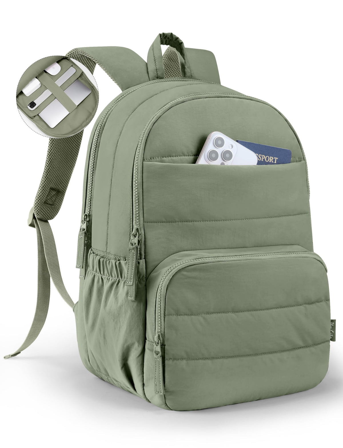 Uselike Travel Backpack for Women, 15.6 Inch Laptop Backpack, Quilted College Bookbag, Cute Work Backpacks, Water Resistant (Sage Green)