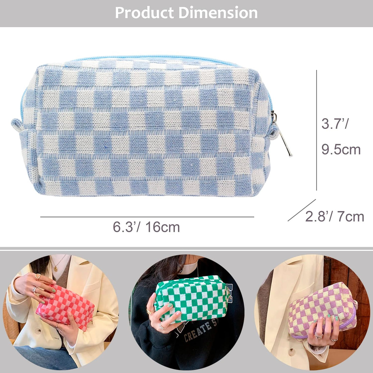 Checkered Makeup Bag for Purse, Small Travel Cosmetic Pouch,Blue,6 Pack