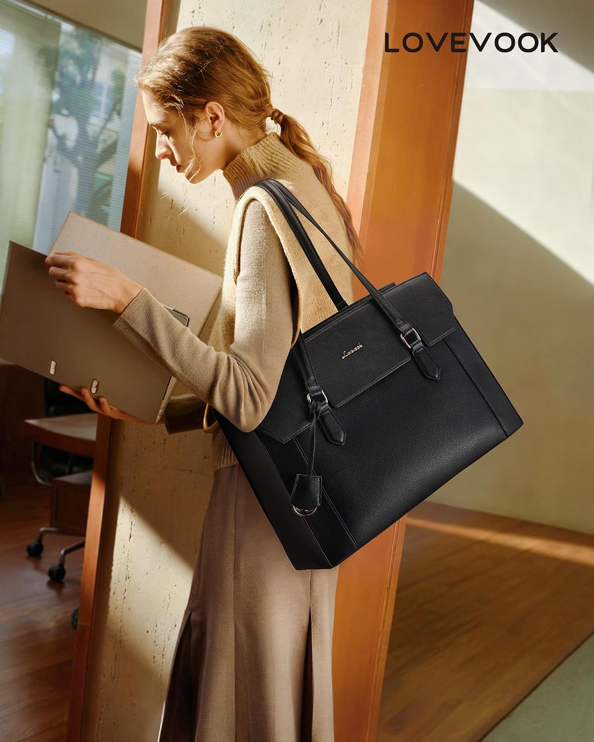 LOVEVOOK Laptop Tote Bag for Women,Computer Work Bag With Large Cup Holder,15.6 Inch Waterproof PU Leather Purse Briefcase for Teacher