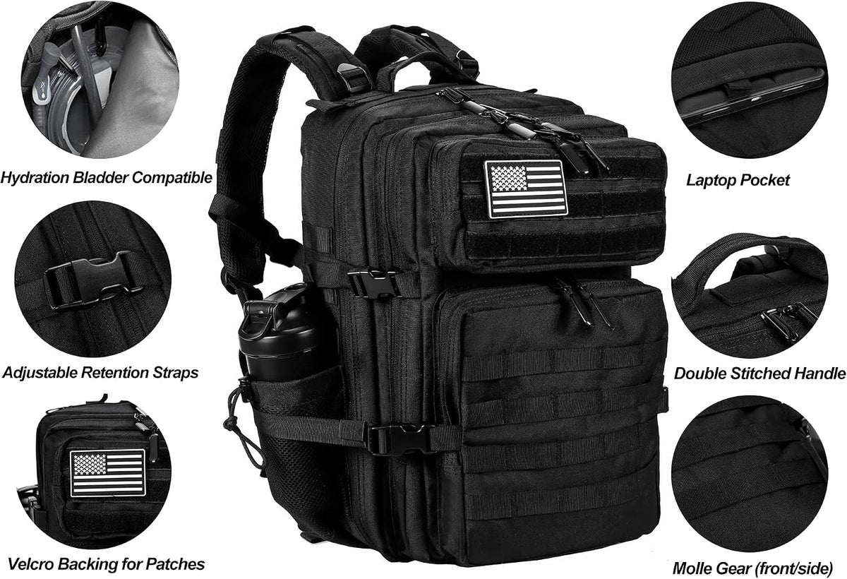 LHI Military Tactical Backpack for Men and Women 45L Army 3 Days Assault Pack Bag Large Rucksack with Molle System Black