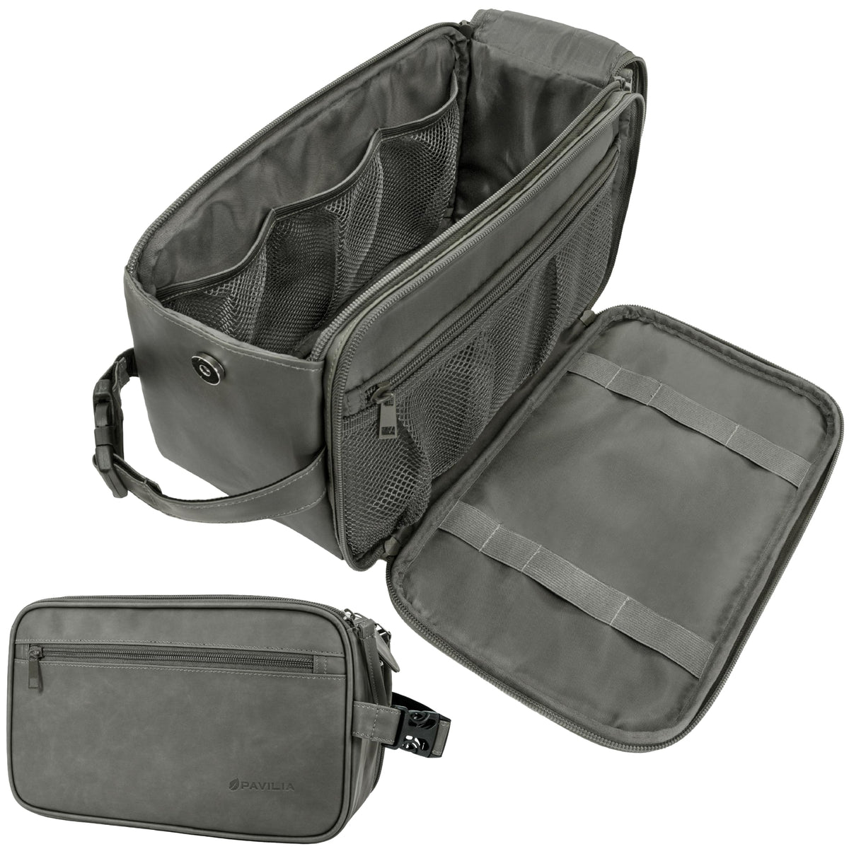 PAVILIA Toiletry Bag for Men, Travel Essentials Shaving Dopp Kit, Mens Travel Bag Toiletries Organizer Case for Grooming, PU Leather Water Resistant Cosmetic Bag Pouch (Dark Brown)
