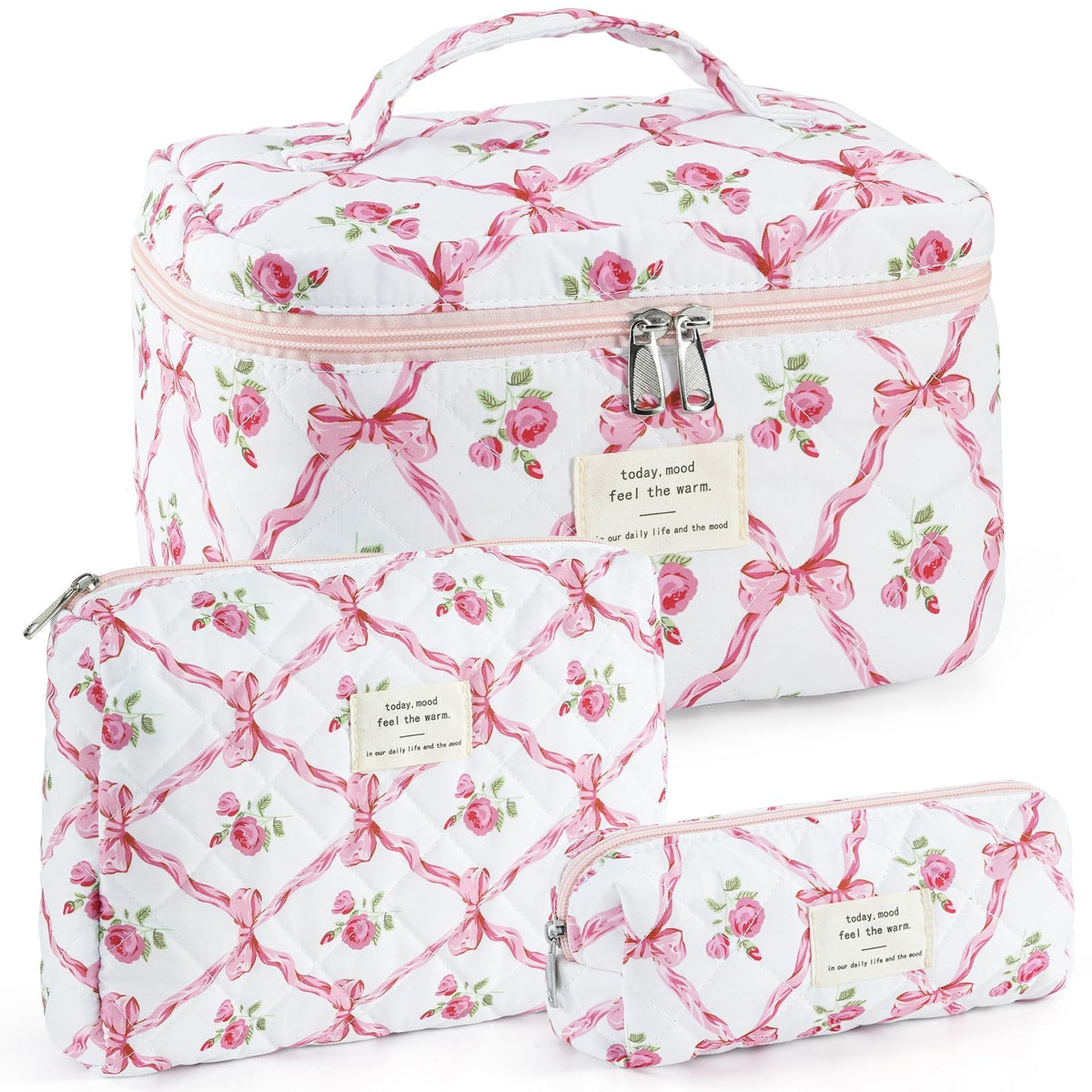 Makeup Bag for Women 3PCS Quilted Cotton Make Up Bag Travel Cosmetic Bag Large Makeup Bag Set Cute Makeups Organizer Floral Toiletry Pouch for Purse, Pink Floral D