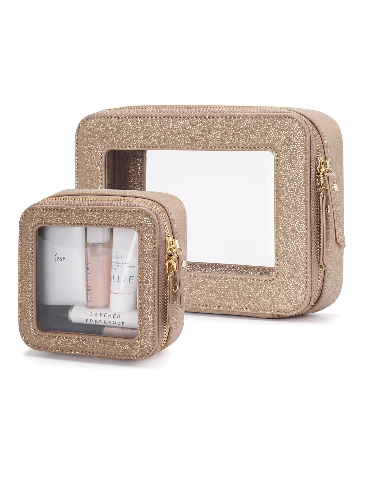 Popvibe Clear Makeup Bag Travel Cosmetic Case Transparent Toiletry Bag with Zipper, Portable Make Up Organizer Traveling Compact Car Bag for Essentials, Gold, Large