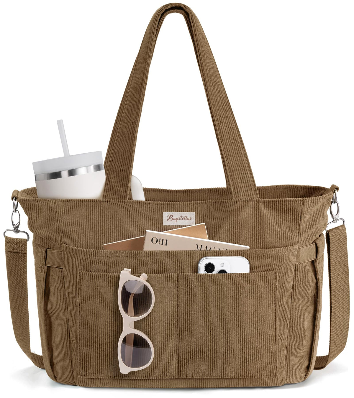 Bagstellar Corduroy Tote Bag for Women, 17 Pockets Laptop Work Tote Purse