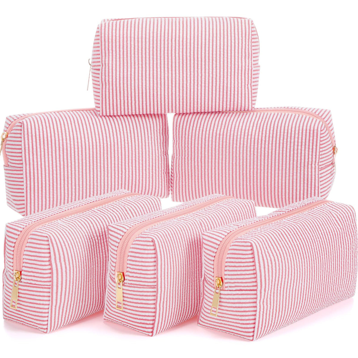 Sanwuta 6 Pcs Seersucker Cosmetic Bags Bulk, Striped Zippered,Rainbow