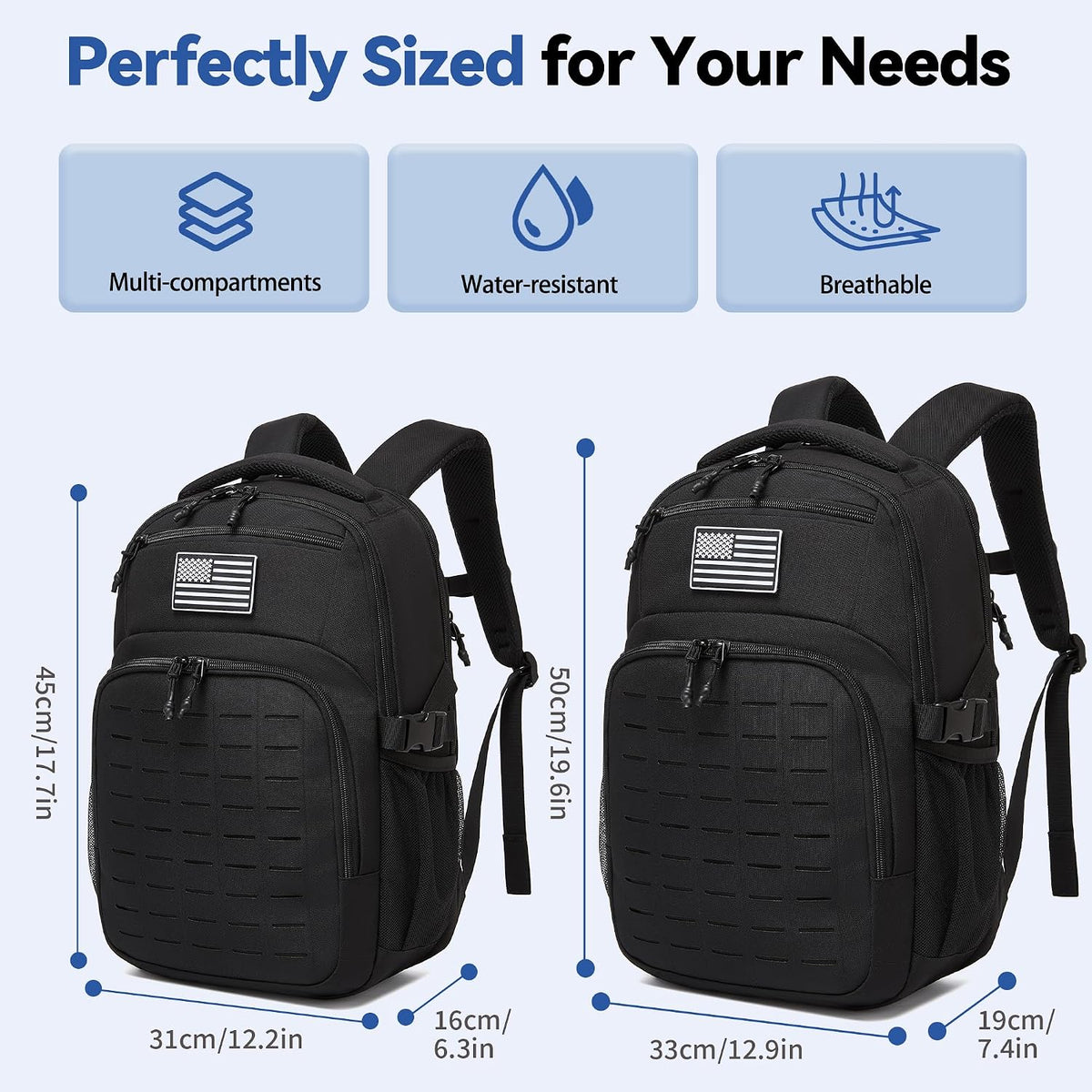 Wotony Military tactical backpack Laser-Cut MOLLE Webbing, backpack for men black small tactical assault bag (Black, 18.5 inch)