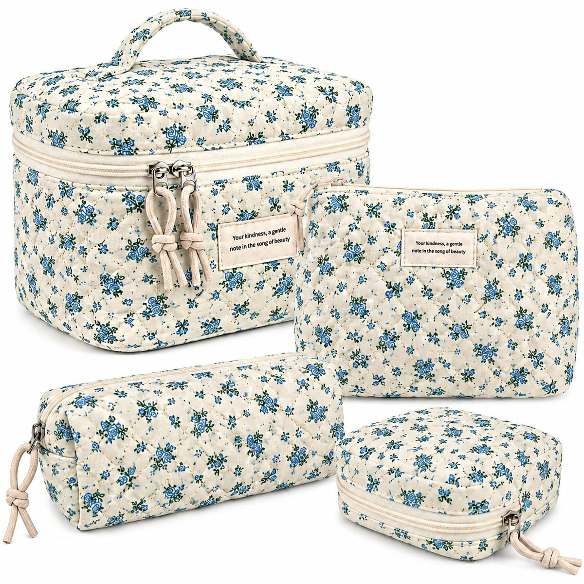 NATINSA Cute Makeup Bag for Women(2 Pcs), Travel Cosmetic Bags, Quilted Coquette Aesthetic Floral Toiletry Organizer Bag (46 - Sky Blue/4Pcs)