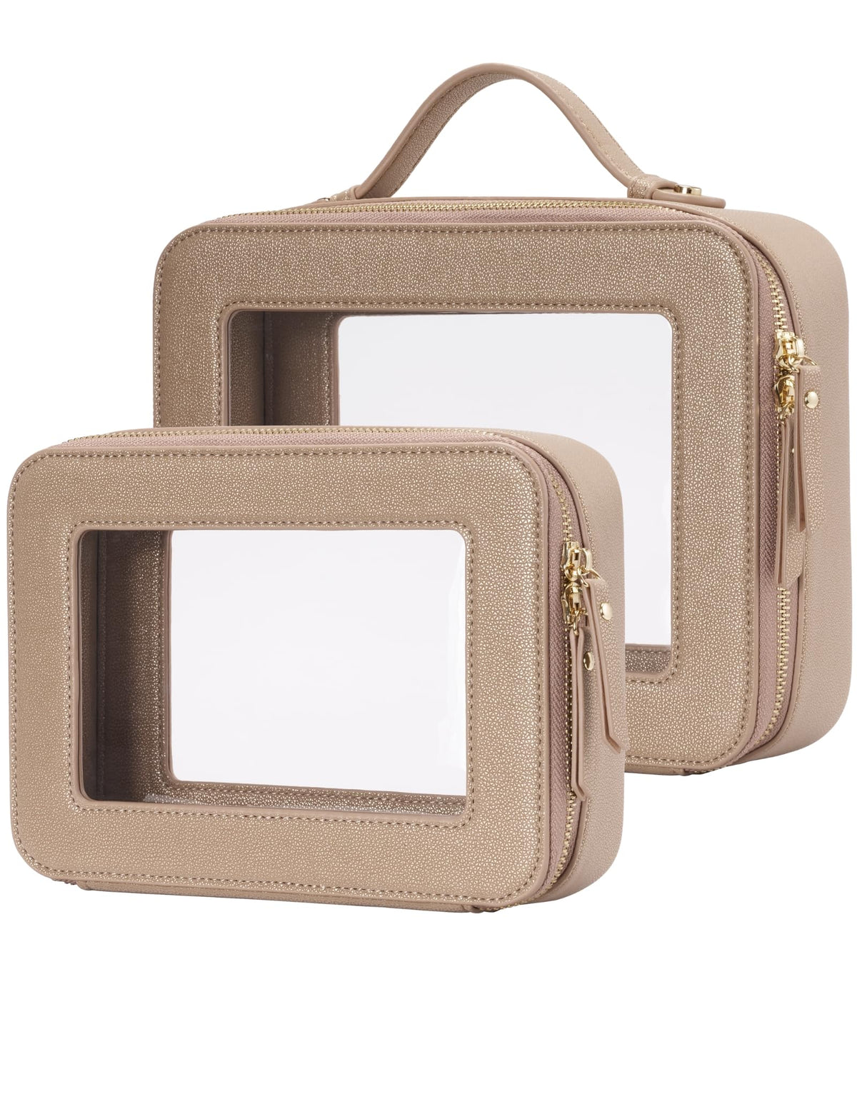 Popvibe Clear Makeup Bag Travel Cosmetic Case Transparent Toiletry Bag with Zipper, Portable Make Up Organizer Traveling Compact Car Bag for Essentials, Gold, Large