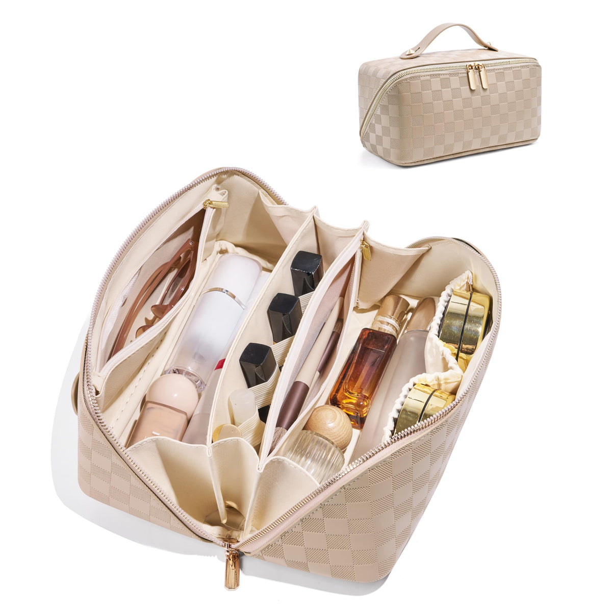 ALEXTINA Travel Makeup Bag, Woven PU Leather Cosmetic Bag, Khaki