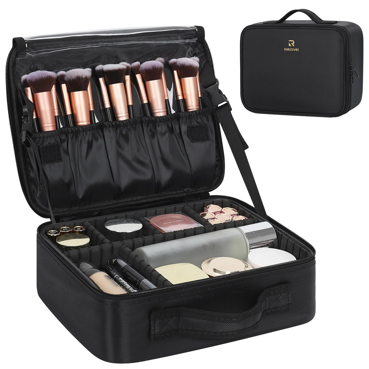 Relavel Extra Large Makeup Case, Makeup Artist Set Bag Professional Cosmetic Organizer Bag Storage Box with Makeup Brush Holder, Adjustable Dividers and Shoulder Strap, Black