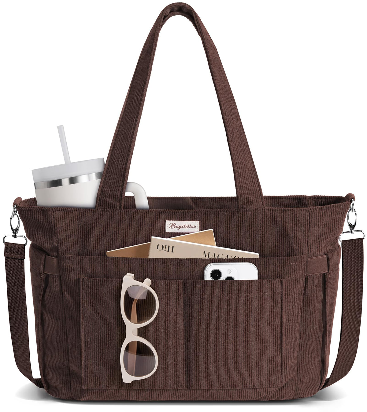 Bagstellar Corduroy Tote Bag for Women, 17 Pockets Laptop Work Tote Purse