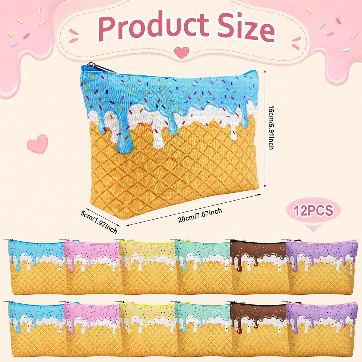 12 Pcs Ice Cream Drip Cosmetic Bags for Women, Ice Cream Drip Makeup Bags for Themed Party Favors, Toiletry Zipper Pouch for Birthday Party Favors Summer Lovers Gifts