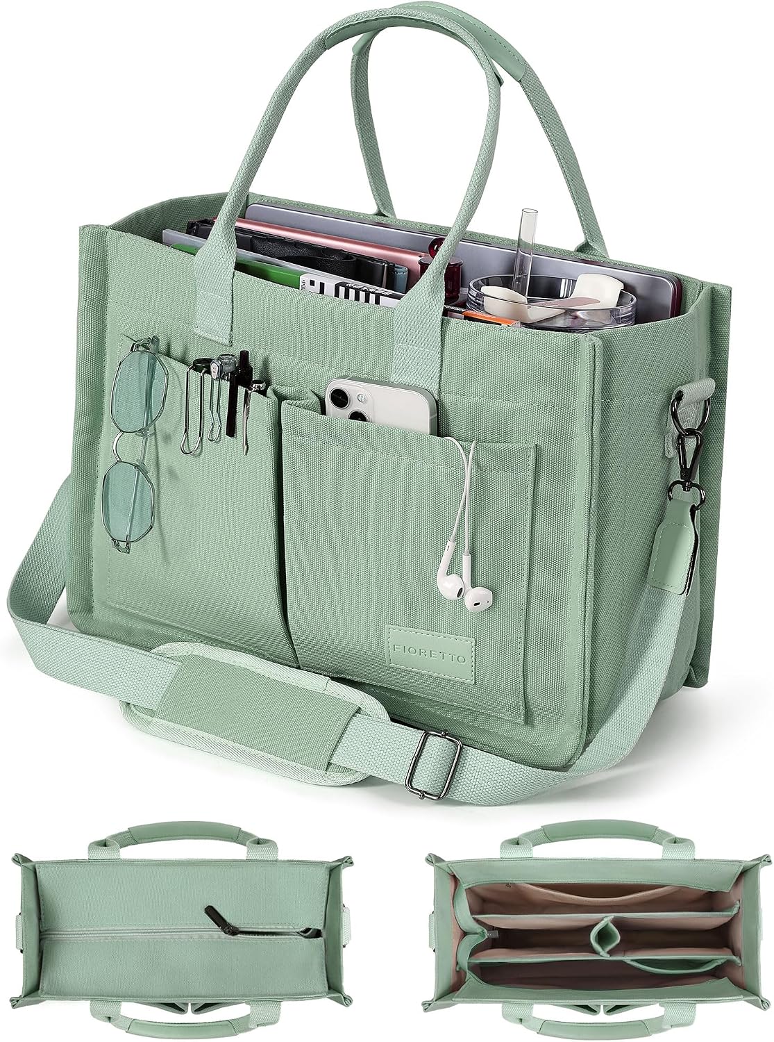 FIORETTO Canvas Tote Bag for Women with Zipper Closure & Individual Compartments for Work College for Teacher & Nurse