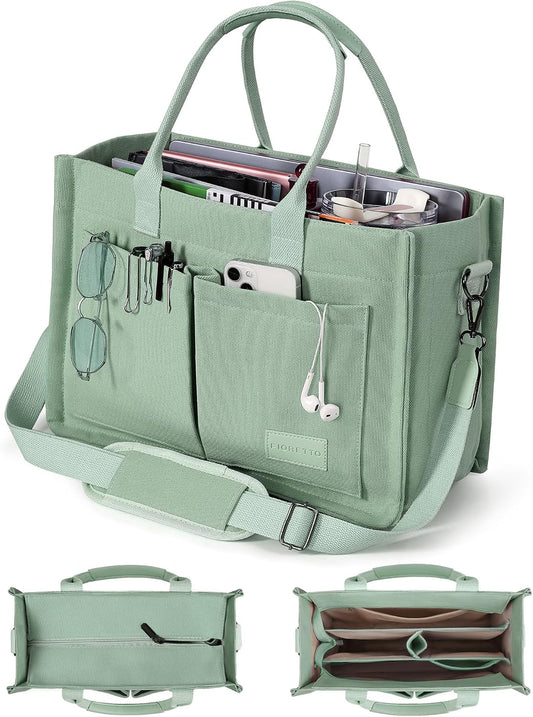 FIORETTO Canvas Tote Bag for Women with Zipper Closure & Individual Compartments for Work College for Teacher & Nurse