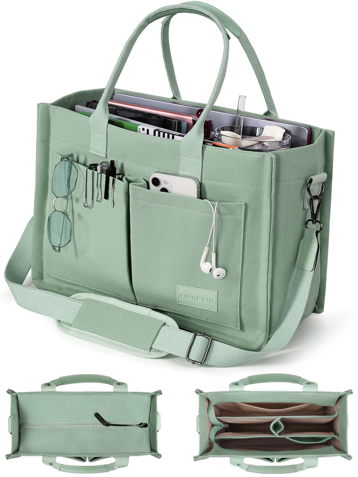 FIORETTO Canvas Tote Bag for Women with Zipper Closure & Individual Compartments for Work College for Teacher & Nurse