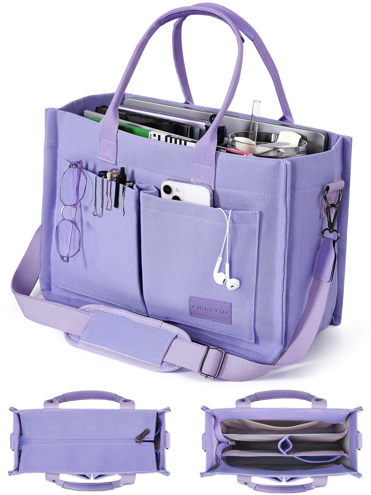 FIORETTO Canvas Tote Bag for Women with Zipper Closure & Individual Compartments for Work College for Teacher & Nurse