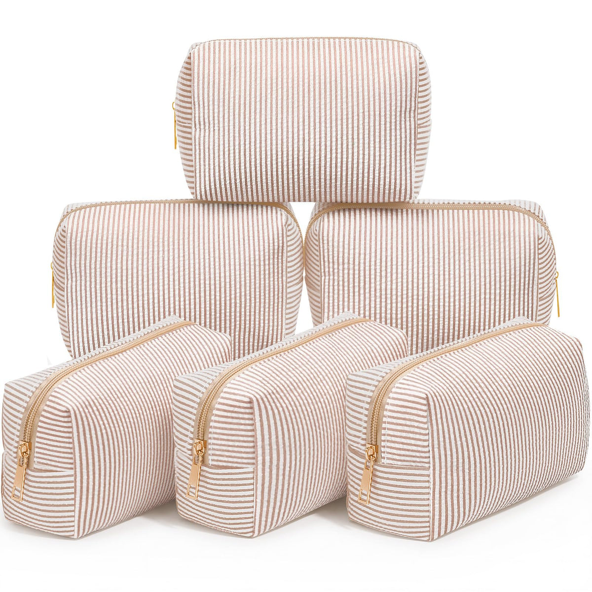 Sanwuta 6 Pcs Seersucker Cosmetic Bags Bulk, Striped Zippered,Rainbow