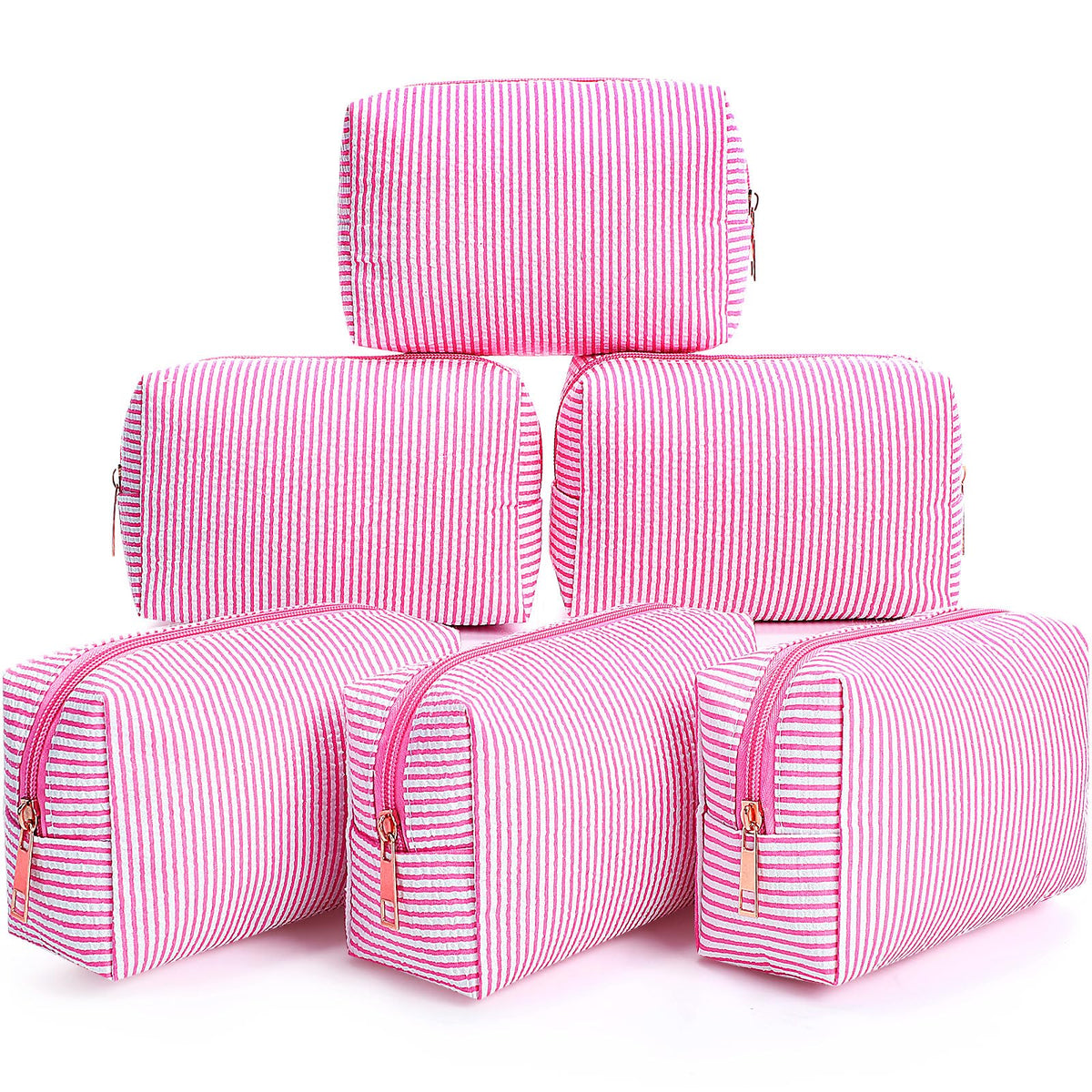 Sanwuta 6 Pcs Seersucker Cosmetic Bags Bulk, Striped Zippered,Rainbow
