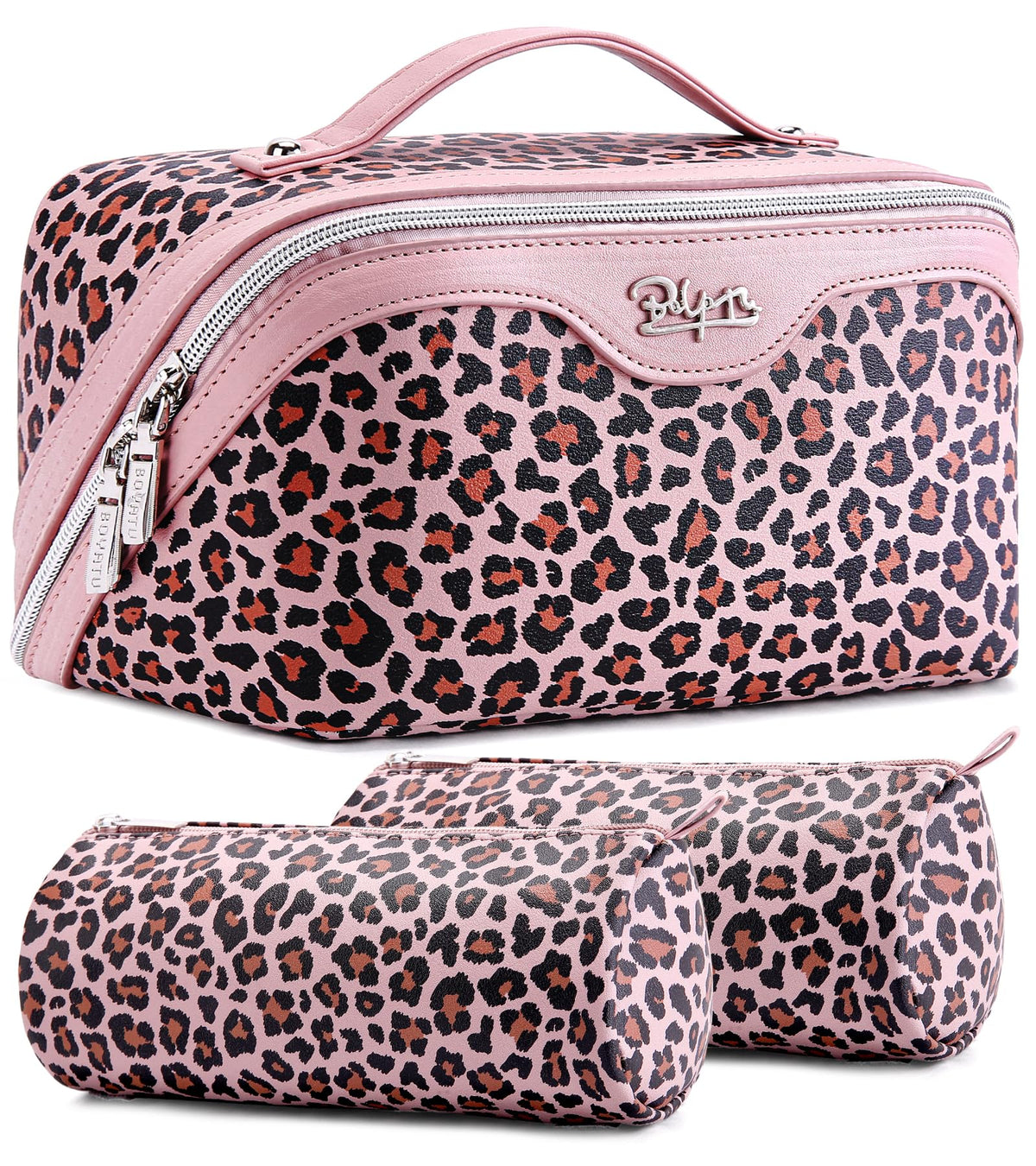 BOYATU Travel Makeup Bag Organizer: 3 Pcs Leopard Cometic Bag Set for Women