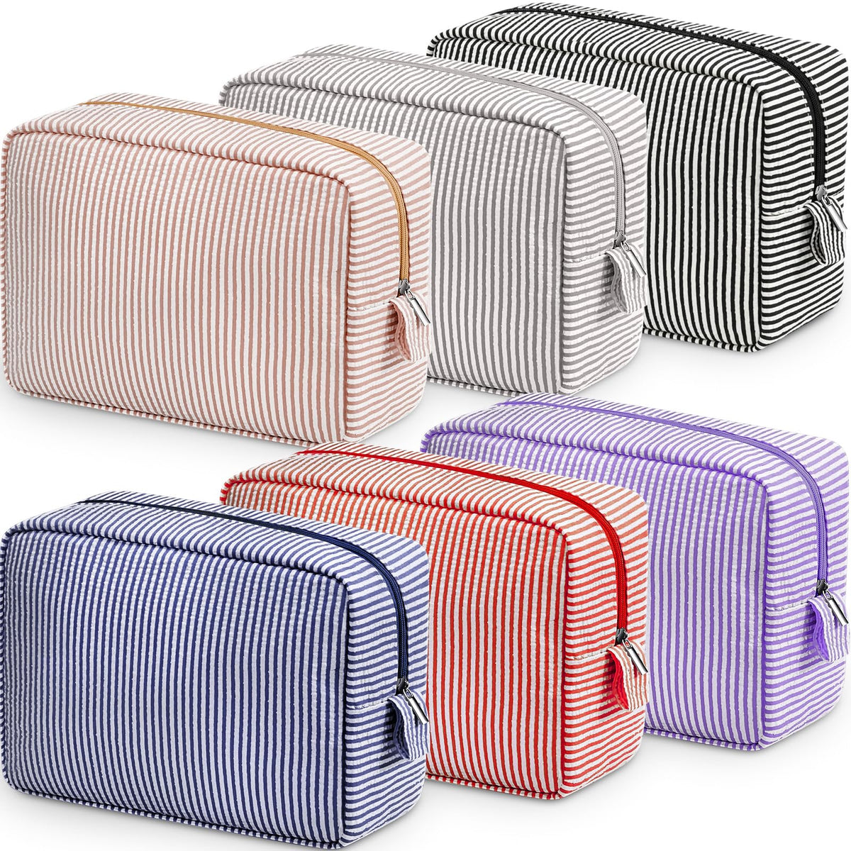 Sanwuta 6 Pack Seersucker Makeup Bags for Women Striped,Large,Macaron Color