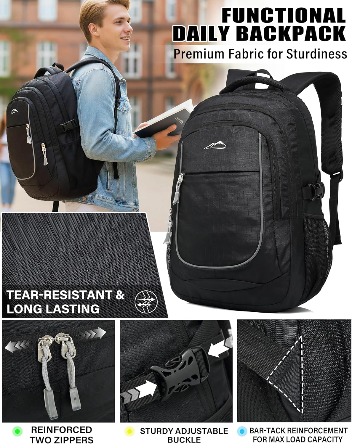 ProEtrade Backpack Bookbag for College Sturdy Travel Business Hiking Fit Laptop Up to 15.6 Inch Multi Compartment Gifts for Men Women Night Light Reflective (Black)