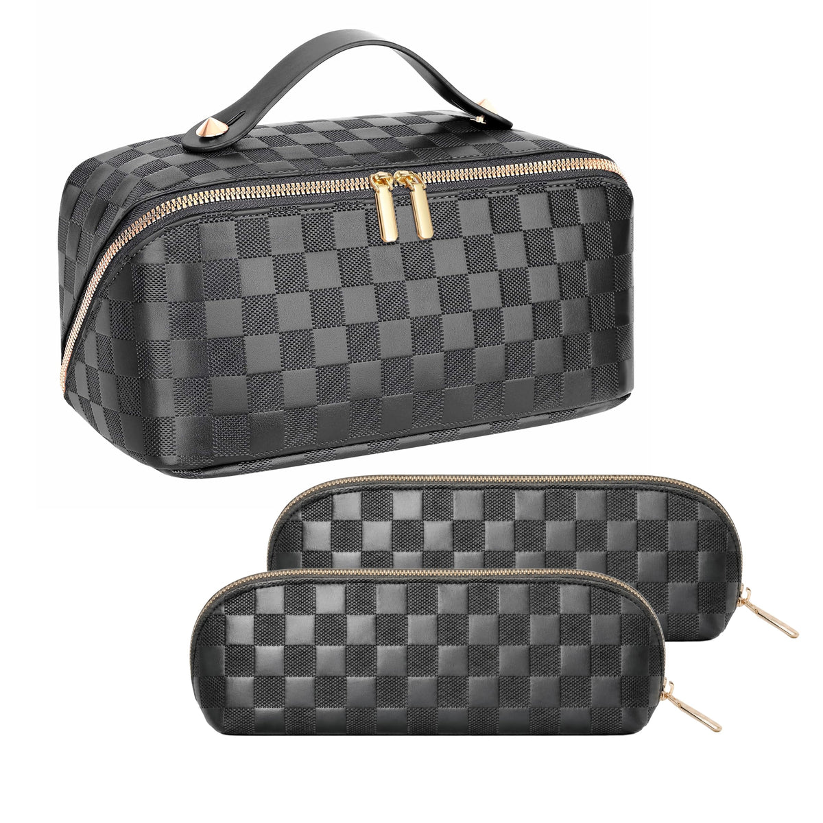 ALEXTINA Travel Makeup Bag, Woven PU Leather Cosmetic Bag, Khaki