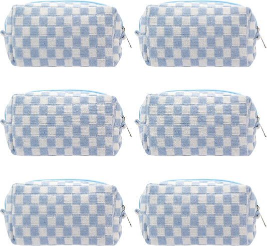 Checkered Makeup Bag for Purse, Small Travel Cosmetic Pouch,Blue,6 Pack