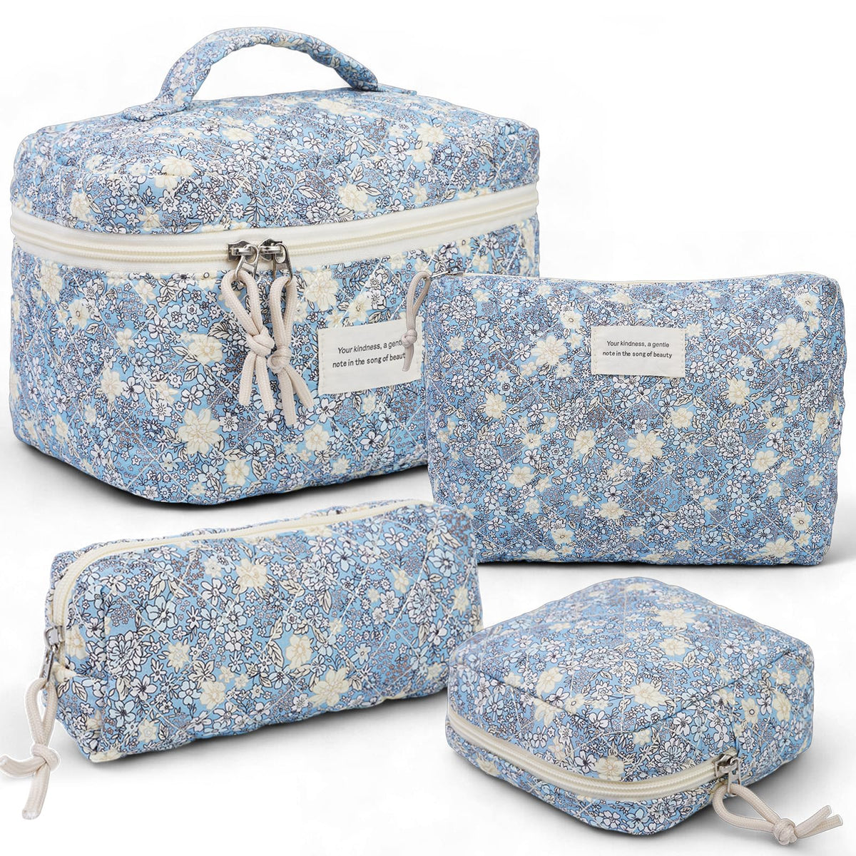 VIWIME Makeup Cosmetic Bag, Large Cotton Quilted Travel Coquette Aesthetic Cute Floral Make up Bag for Women Toiletry Bag Organizer (203- Blue Rose / 4Pcs)
