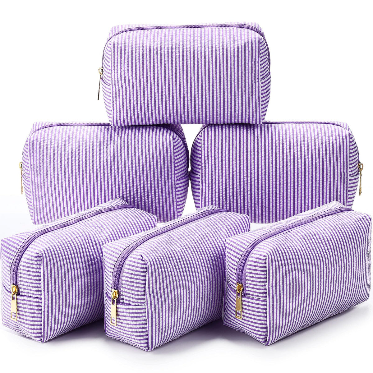 Sanwuta 6 Pcs Seersucker Cosmetic Bags Bulk, Striped Zippered,Rainbow