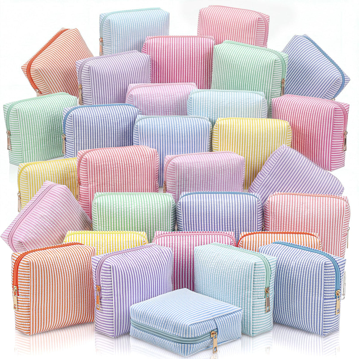 Sanwuta 6 Pack Seersucker Makeup Bags for Women Striped,Large,Macaron Color