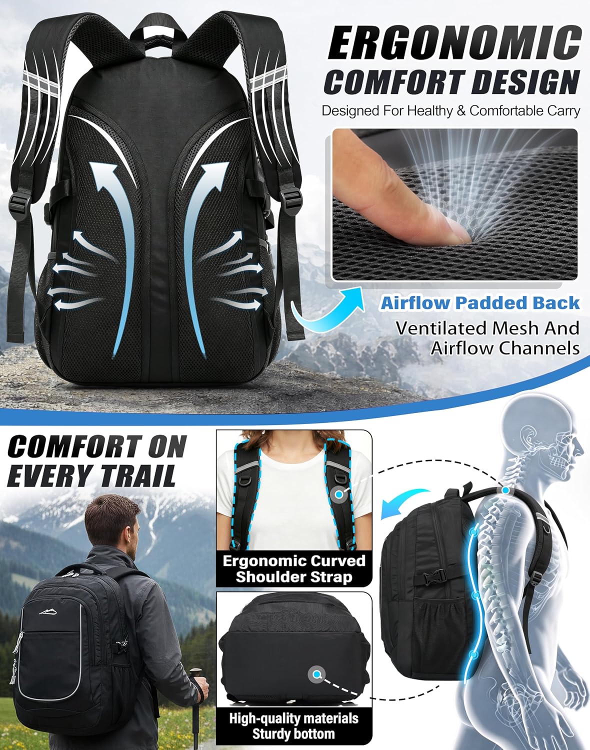 ProEtrade Backpack Bookbag for College Sturdy Travel Business Hiking Fit Laptop Up to 15.6 Inch Multi Compartment Gifts for Men Women Night Light Reflective (Black)