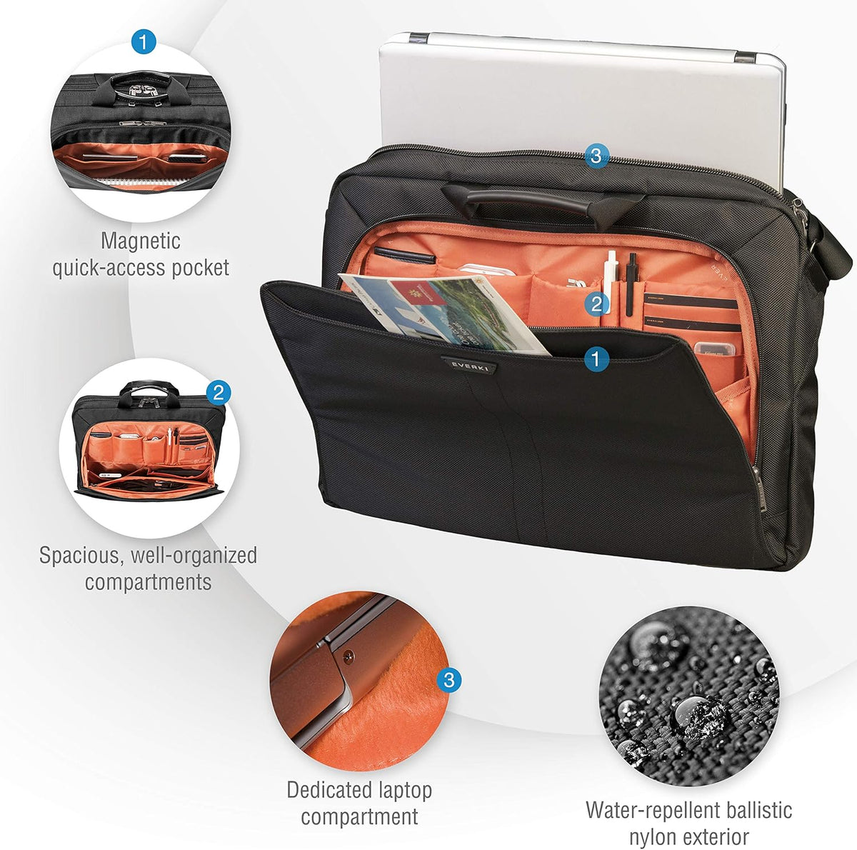 EVERKI Lunar Large Laptop Briefcase for Men & Women, Black - 19 Liters