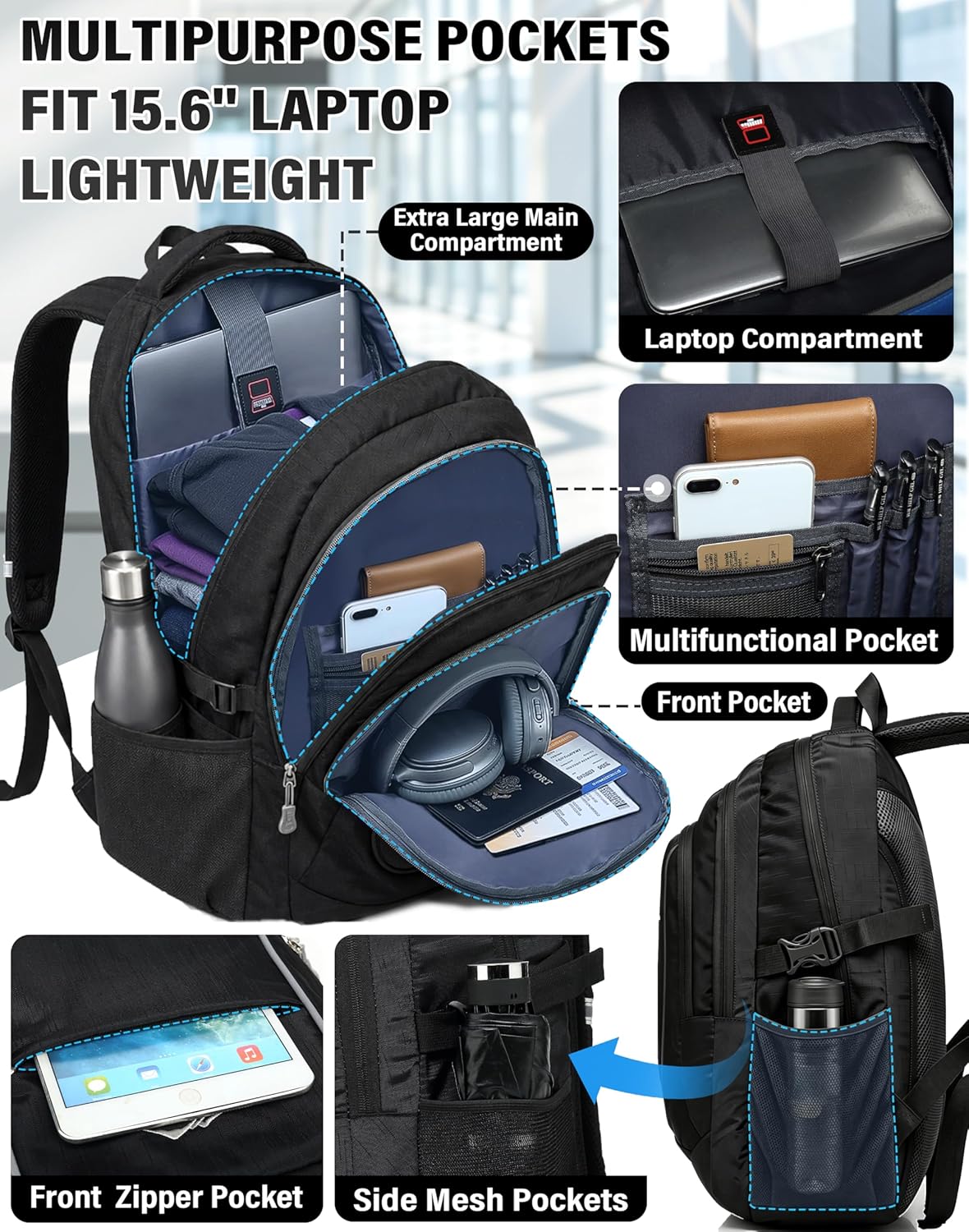 ProEtrade Backpack Bookbag for College Sturdy Travel Business Hiking Fit Laptop Up to 15.6 Inch Multi Compartment Gifts for Men Women Night Light Reflective (Black)